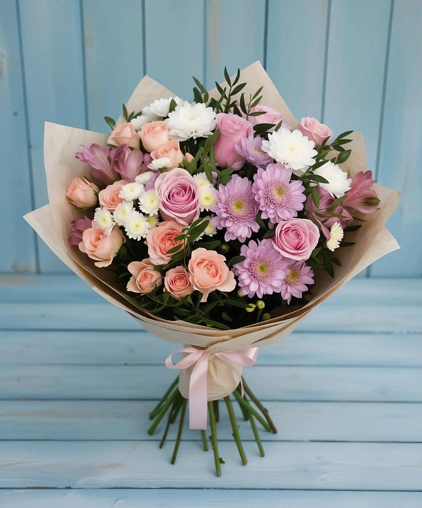 Букет цветов из: Хризантемы, Розы и Альстромерии в Бокино