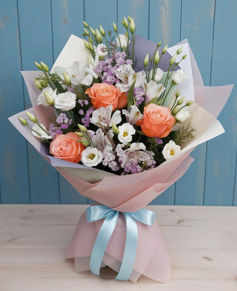 Букет цветов из: Лизиантусы, Розы, Альстромерии и Гипсофила в Бокино